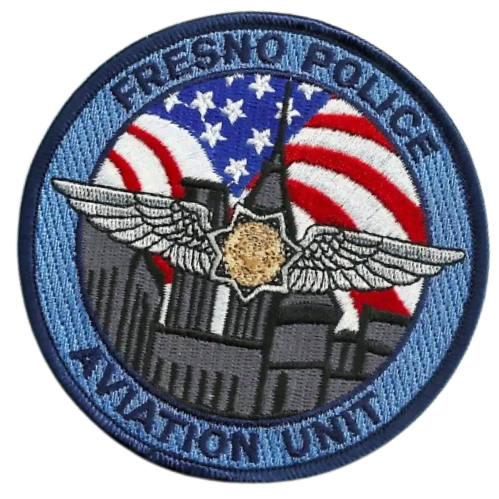 Fresno Police Aviation Unit patch with eagle wings, city skyline, and American flag embroidery for law enforcement gear.