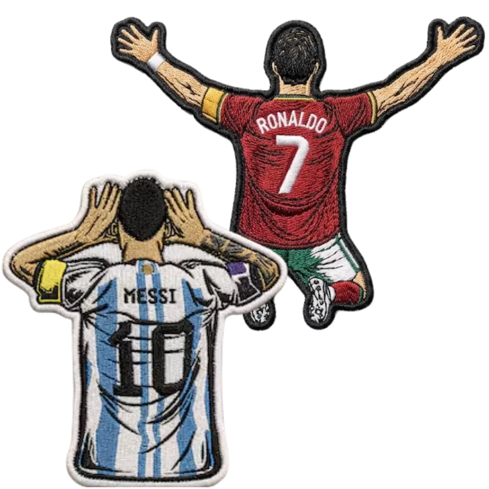 Ronaldo and Messi custom embroidered iron-on jersey patches showing Portugal number 7 and Argentina number 10 designs