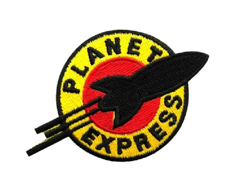 Embroidered patch of the Futurama Planet Express logo featuring a black rocket ship over a red and yellow circle.