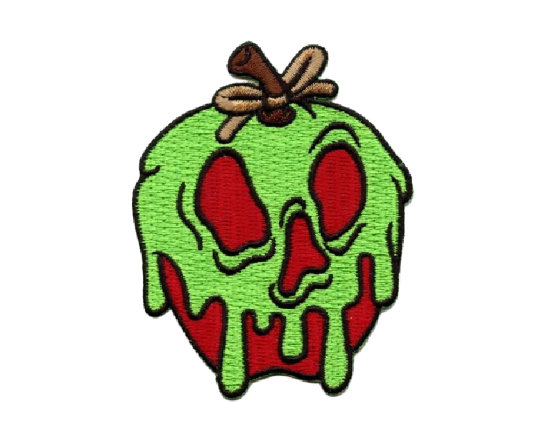 Embroidered patch of a Snow White poison apple with green dripping slime forming a skull over a red background.