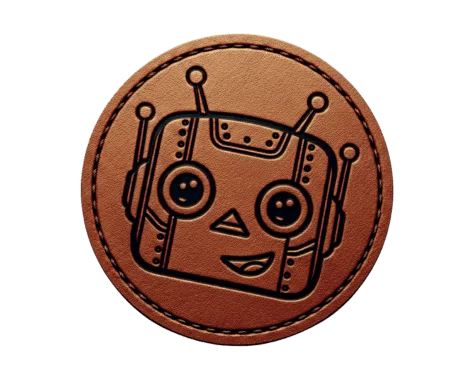 Round brown laser-engraved leather patch featuring a cute smiling robot face with antennas and stitched border