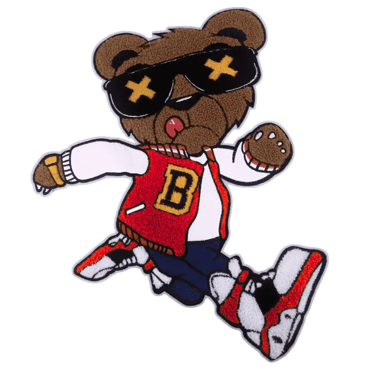 Custom chenille bear patch wearing a varsity jacket with letter B and sneakers