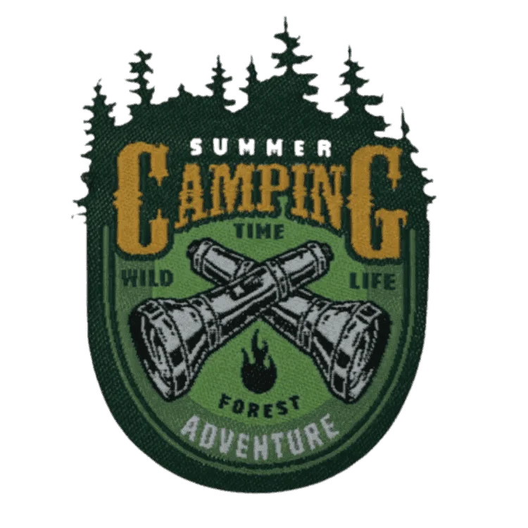 Green woven camping patch with pine trees, crossed flashlights, flame, and Summer Camping Wild Life Forest Adventure text