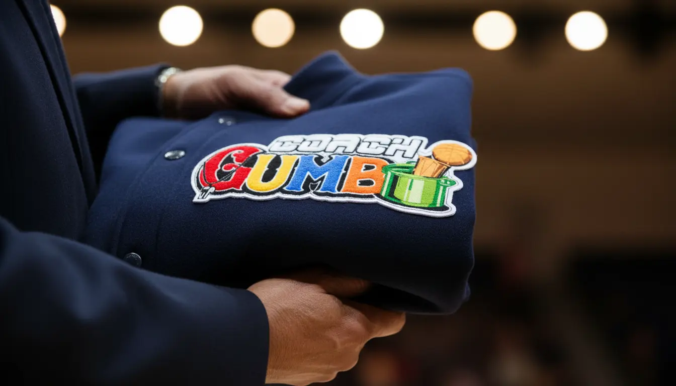 A colorful custom chenille patch with the words "COACH GUMBO" in bold letters, featuring a basketball, trash can, and a whistle design.