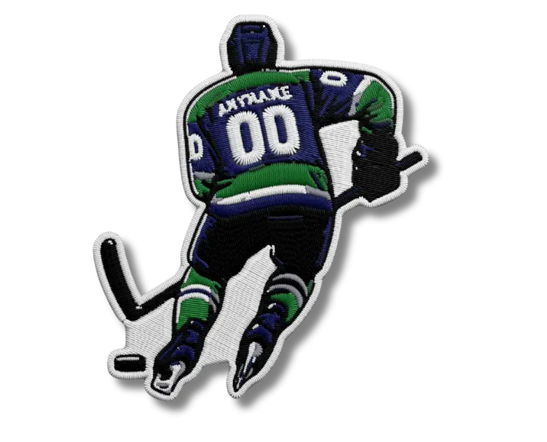Custom embroidered ice hockey player patch with personalized name and number on jersey, die-cut iron-on hockey patch